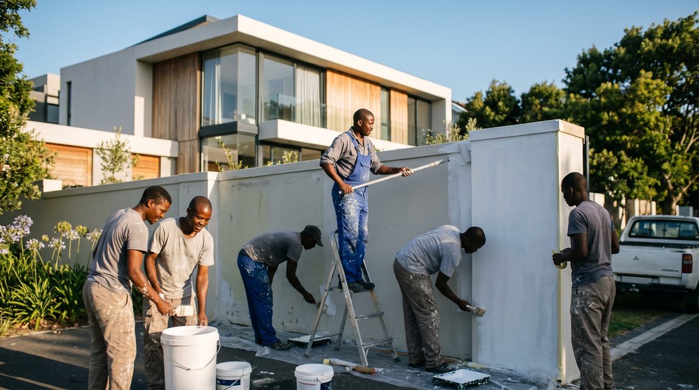 Professional team painting a boundary wall at a modern home in Rondebosch