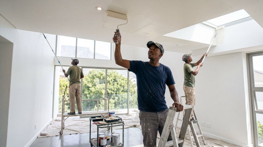 Professional ceiling painters rolling white paint onto a high ceiling in Rondebosch