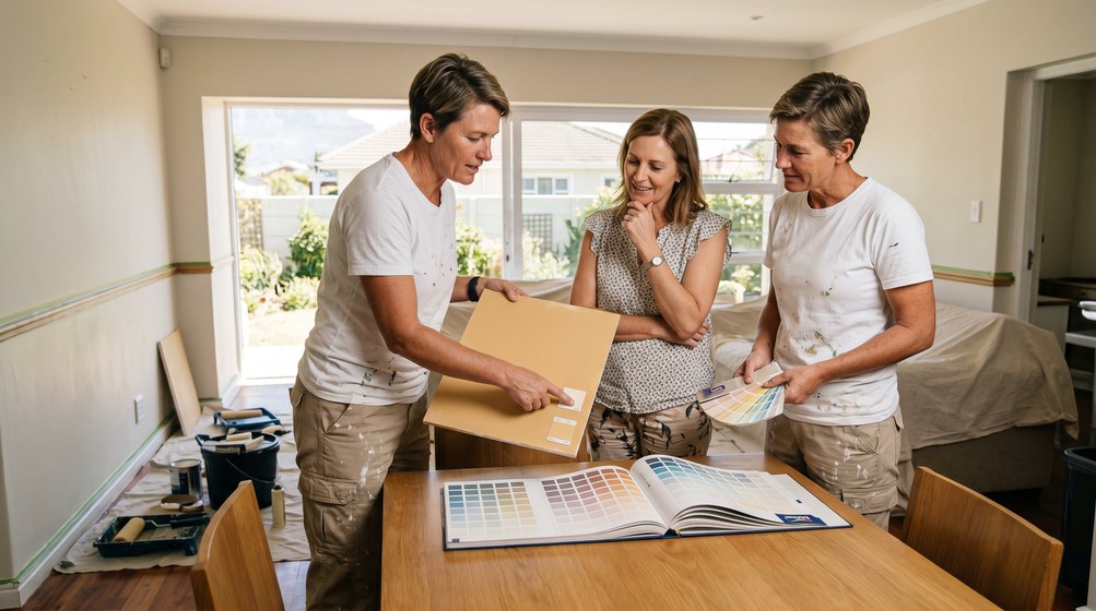 Professional colour consultant showing paint swatches to a homeowner in Rondebosch