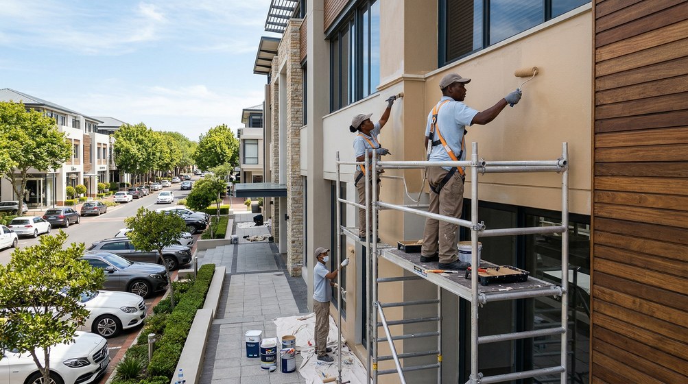 Professional commercial painters on scaffolding painting a building in Rondebosch