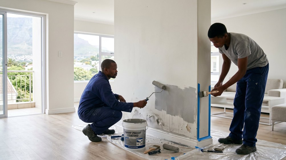 Professional damp proofing team applying damp proof coating to interior walls