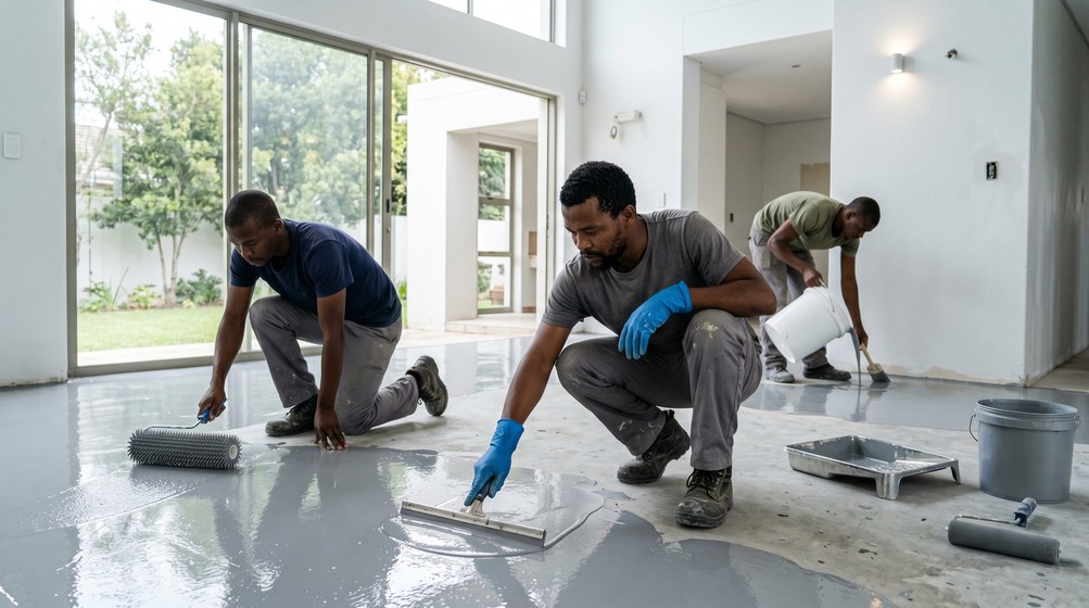 Professional epoxy floor coating team applying grey epoxy to a garage floor