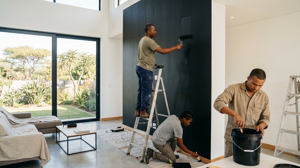 Professional painters creating a bold black feature wall in a modern Rondebosch home