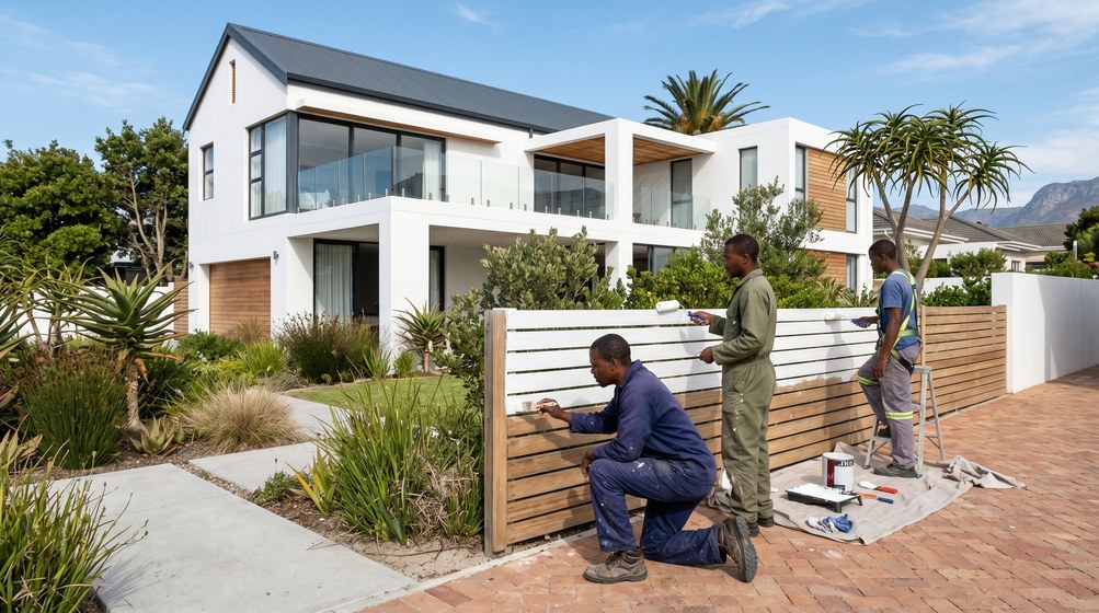 Professional fence painters painting a wooden fence at a Rondebosch home in Rondebosch