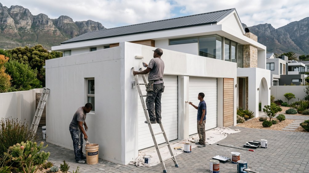 Professional painters painting a double garage exterior and garage doors in Rondebosch