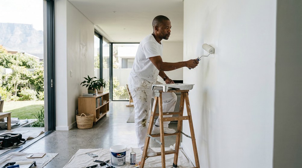 Professional interior painter in Rondebosch painting walls with a roller