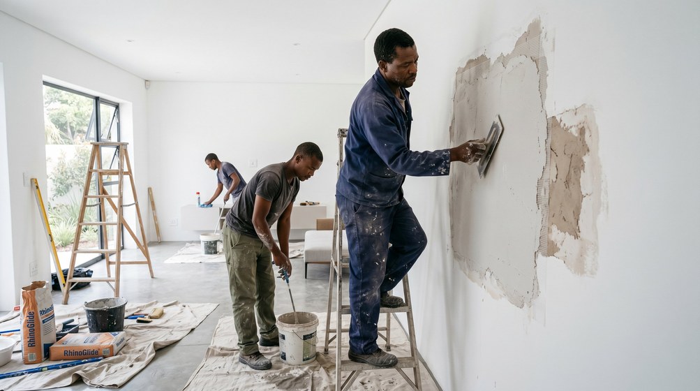 Professional plaster repair team skim coating damaged walls in Rondebosch