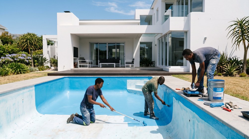 Professional pool painters applying blue pool paint to a swimming pool in Rondebosch