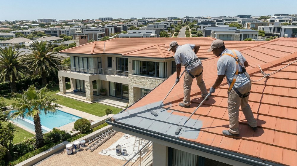 Professional roof painters applying waterproof coating to tiled roof in Rondebosch