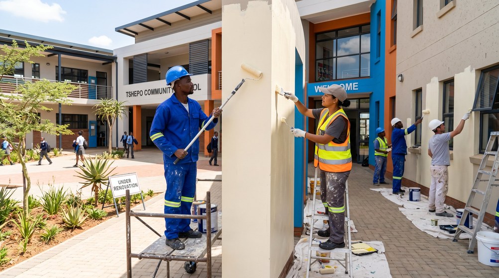 Professional school painting team painting a community school in Rondebosch