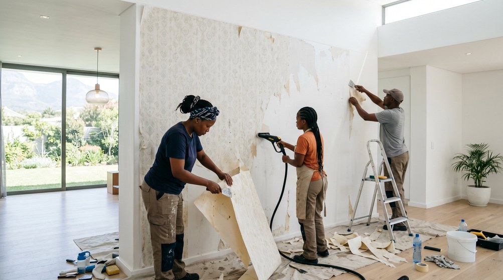 Professional wallpaper removal team stripping old wallpaper in a Rondebosch home