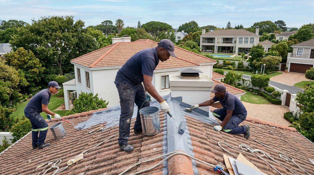 Professional waterproofing team applying membrane to roof in Rondebosch