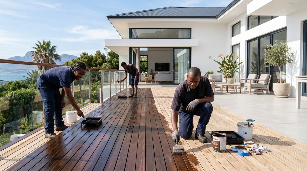 Professional wood staining team applying deck stain overlooking the mountain in Rondebosch